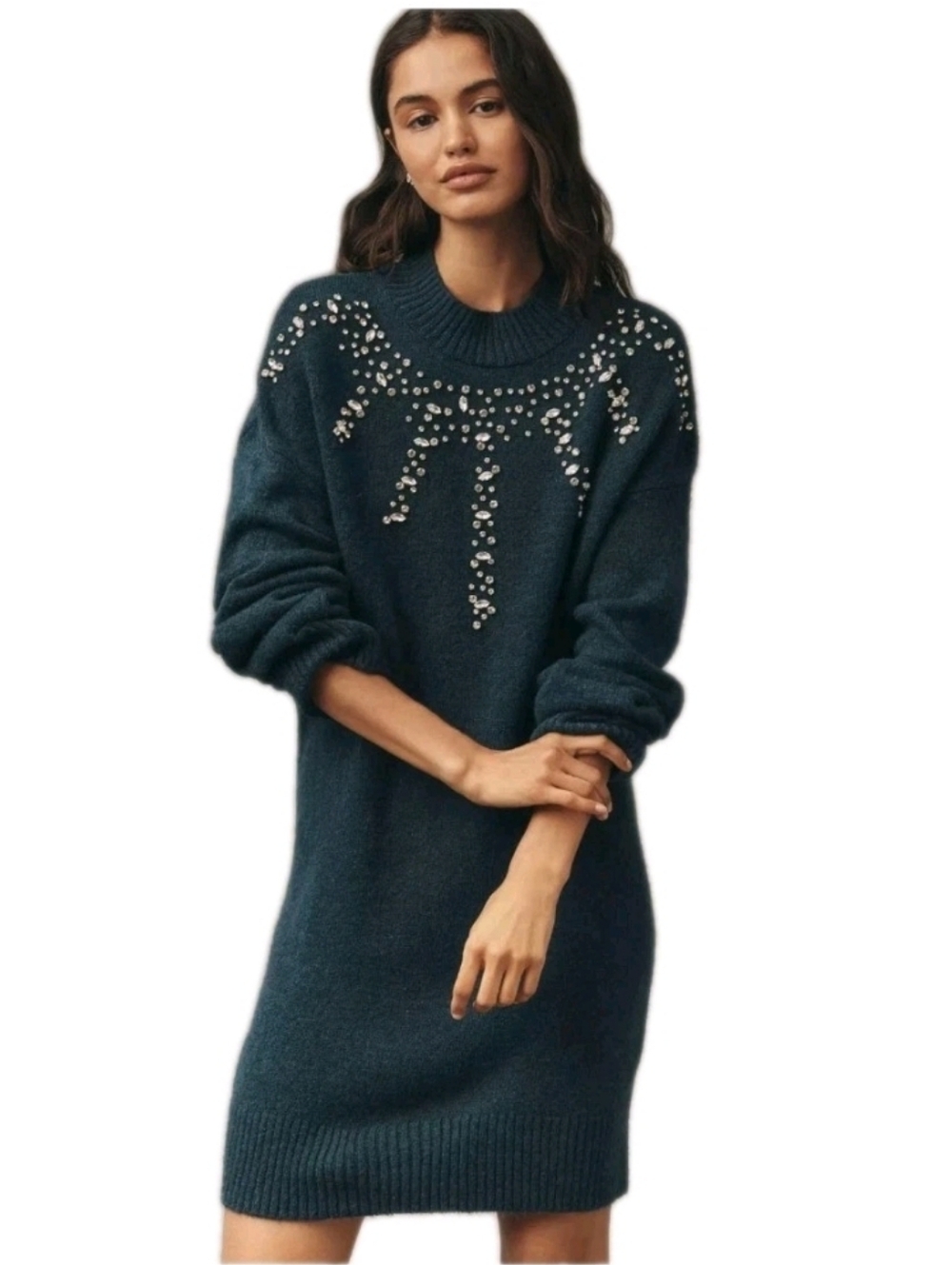 Teal Blue Beaded CZ Embellished Sweater Long Sleeve Pullover MiniDress Sz: Small